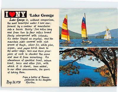 #ad Postcard Beautiful Lake George Letter of Thomas Jefferson to his Daughter NY USA $12.99