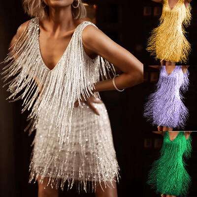 #ad Womens Glitter Fringe Tassel Mini Dress Evening Cocktail Party Bodycon Gown US $27.39