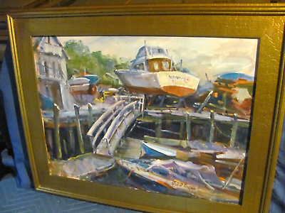 #ad Vintage Oil Painting Beacon Marina Gloucester MA by Elice Pieropan 1931 2013 $595.00
