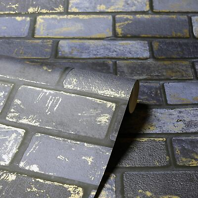 #ad Arthouse Brick Wallpaper 692200 Navy Blue Wall Metallic Gold Highlights $18.55
