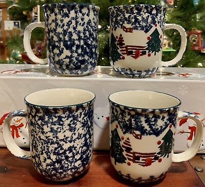#ad 4 Retired Tienshan Folkcraft Stoneware CABIN IN THE SNOW Mugs ❄️Winter Christmas $17.95