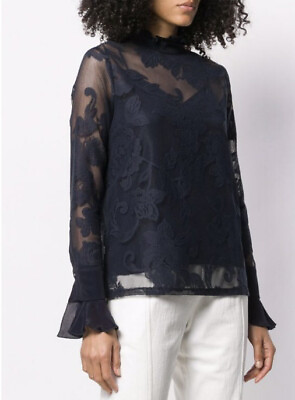 #ad NWT See by Chloe Lace Embroidered Blouse Top With Camisole Navy Blue Slim Fit $350.00