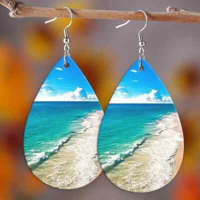 #ad Ocean Beach Teardrop Earrings Wooden Dangle Pendant For Vacation Jewelry Gift $9.95