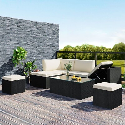 #ad 5PCS Outdoor Wicker Sofa Set Sectional Lounger Sofa for Backyard Porch Pool $415.14