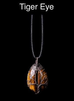 #ad Tree Of Life Natural Gemstone Pendant With Necklace Wire Wrapped Tiger#x27;s Eye $9.99