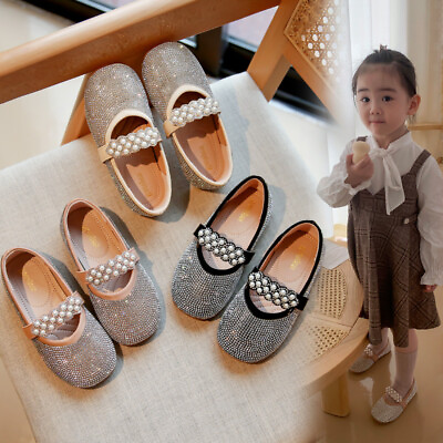 #ad New Children Girls Princess Crystal Rhinestone Dress Shoes Pearl Round Toe Flats $20.57