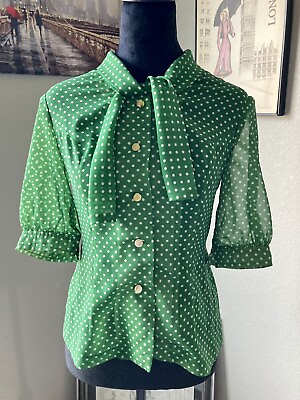 #ad Vintage 1940s Style Sheer Green Polka Dot Short Sleeve Blouse XS Bow Art Buttons $18.00