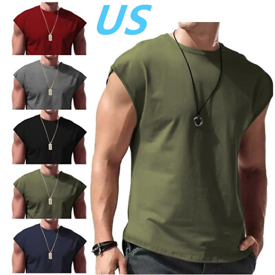 #ad US Men Solid Color Sleeveless T Shirt Quick Dry Athletic Tank Tops Sweatshirt $8.59