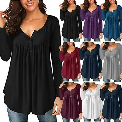#ad Women Fashion V Neck Shirt Long Sleeve Casual Tunic T Shirts Loose Solid Blouse $17.65