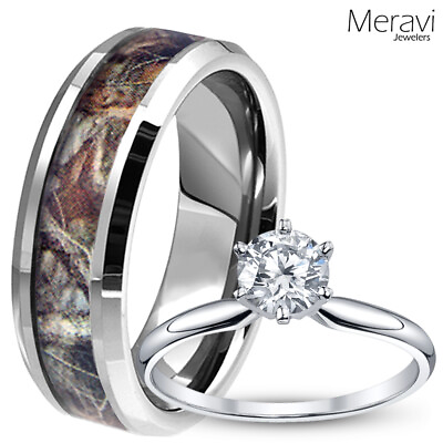 #ad 🔥Mens Tungsten Oak Forest Mossy Camo Band Women CZ Sterling Silver Wedding Ring $37.90