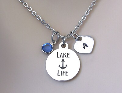 #ad Lake Life Necklace with Initial Heart and Birthstone Lake Life Anchor Jewelry $24.00