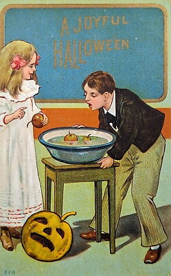 #ad Postcard Vintage Halloween Girl Boy People Bobbing for Apples Sad JOL 1910 $29.95