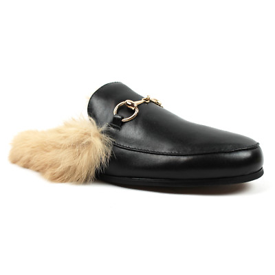 #ad Black Backless Slip On Real Leather Fur Gold Buckle Loafers Shoes Slipper AZAR $39.95
