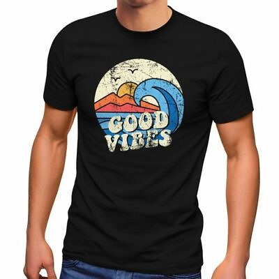 #ad Good Vibes Wave Hippie Slogan Statement Surf Design Vintage T Shirt Short Sleeve $16.99