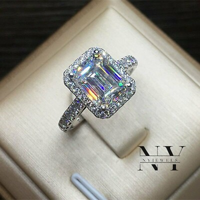 #ad Solid 14K White Gold Moissanite Halo Engagement Ring 3 Carat Emerald Cut $231.42