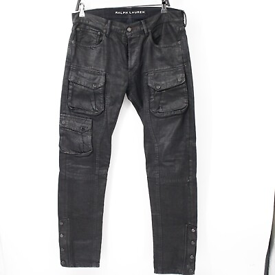 #ad Ralph Lauren black label jeans men#x27;s 32 courier waxed biker coated black cargo $109.99