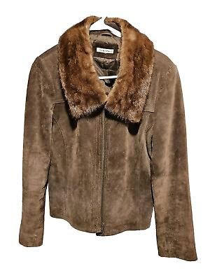 #ad Suede Leather Jacket Womens L XL? Mink Fur? Neck Yvonne amp; Marie *READ $23.00