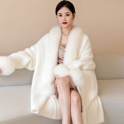 #ad Womens Mink Velvet Knit Cardigan Real Fox Fur Collar Thickened Fur Jacket Coat $201.89