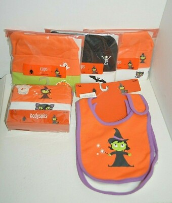#ad U PICK 2 Pack Halloween BABY NEWBORN Caps Hats ONE PIECE Outfit BIBS Witch CAT $4.89