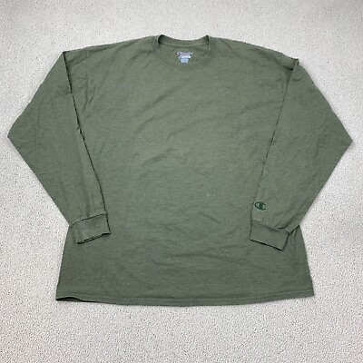 #ad Champion Basic T Shirt Men#x27;s 2XL Long Sleeve Green Crew Neck Straight Hem $18.95