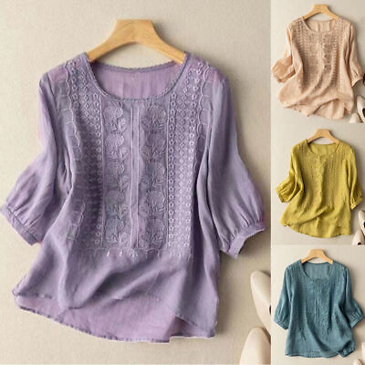 #ad Summer Women Floral Embroidery Crochet Tops T Shirt 3 4 Sleeve Casual Tee Shirt $10.98