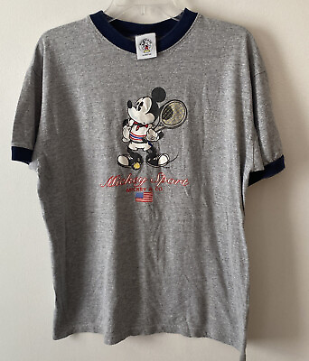 #ad Vintage 90s Mickey amp; Co Mickey Mouse Sport USA Tennis Ringer T Shirt Men#x27;s Sz L $33.15