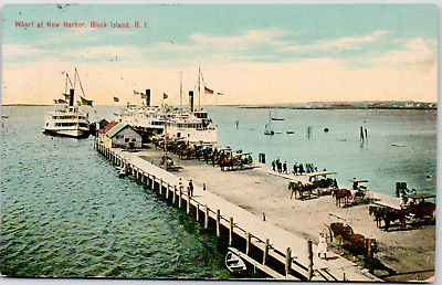 Block Island Rhode Island Wharf New Harbor 1913 DB Vintage Postcard Fancy Cancel $3.50