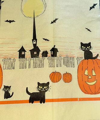 #ad 1 Rare Vintage Halloween Yellow Eyed Cat Pumpkin Bats Yellow Moon Crepe Paper Pc $21.99