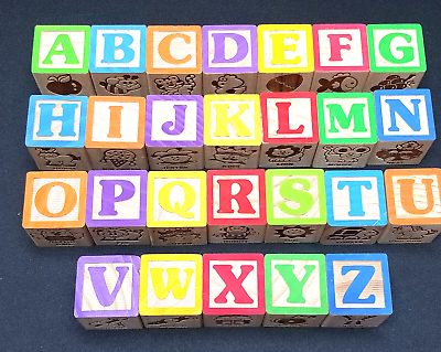 #ad Childrens Wooden Learning Blocks Alphabet Numbers Objects Letters 26 Blocks A Z $14.00
