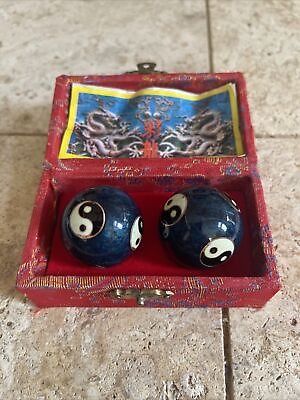#ad Vintage Chinese Boading Yin Yang Stress Health Hand Exercise Sound Balls in Box $12.93