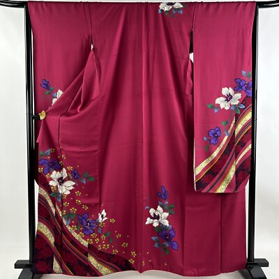 #ad Furisode Length 163Cm Sleeve 66.5Cm M Flower Petals Gold Thread Color Red $133.45