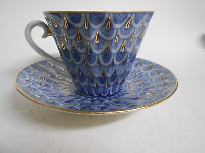 #ad Lomonosov Tea Cup Saucer Set Imperial Porcelain Russia Blue $49.95
