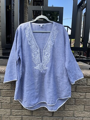 #ad Saks Fifth Avenue Women#x27;s 100% Linen Floral Embroidered Top 3 4 Sleeve XL $28.00