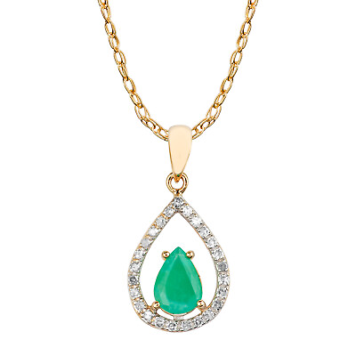#ad 10k YelloGold Genuine Pear Shape Emerald Diamond Halo Tear Drop Pendant Necklace $155.19