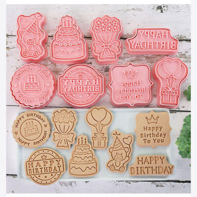 #ad 8Pcs Happy Birthday Cartoon Cookie Mold Set Biscuit Cutters Press Stamp Molds $7.99