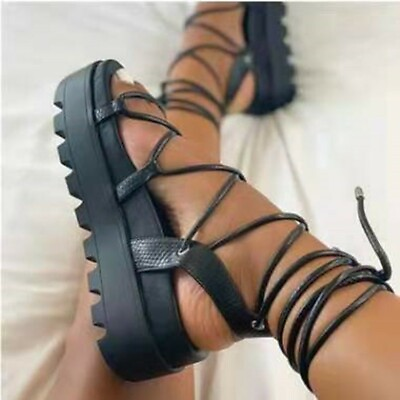 #ad Summer Women#x27;s Fashion and Comfortable Wedge Ankle Strap Platform Lace Up Sandal $40.21