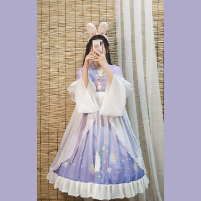 #ad Women Hanfu Rabbit Embroidery Lolita Long Sleeve Ruffle Cute Style Dress $56.65