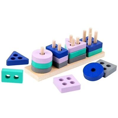 #ad Montessori Blocks Shape toy Kids Wooden Building Block Toys Early Learning Toys $2.99