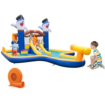 #ad 7 In 1 Kids Water Slide House Castle Park Splash Pool Water Cannon W 750W Blower $348.96