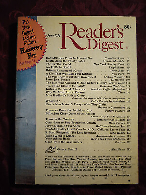 #ad Readers Digest June 1974 Cornelius Ryan Billie Jean King F. Scott Fitzgerald $8.10