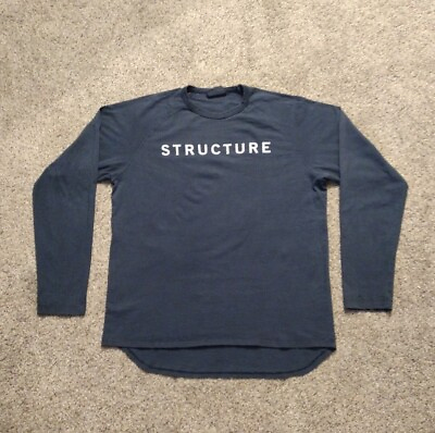 #ad Vintage 90s Structure Longsleeve T Shirt Mens Blue Monotype Logo Drop Tail Hem $15.67