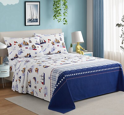 #ad Kids Printed 600 Thread Count Cotton Blend Percale Sheet Set Nautical Sailboat $46.99
