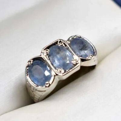 #ad Natural threestone mens ceylon sapphire ring handmade sterling silver 925 best $450.00