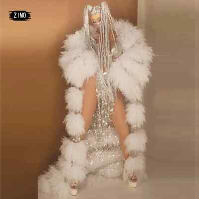 #ad 2023 Ball Silver Sequin Long Coat Female Sexy Tassel Party Dance Stage Costume $413.10