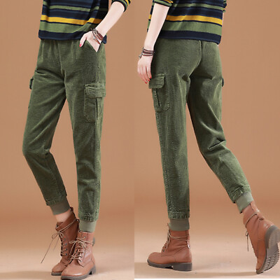 #ad Women Corduroy Cargo Pants Tapered Work Trousers Solid Jogger Casual Loose $53.09