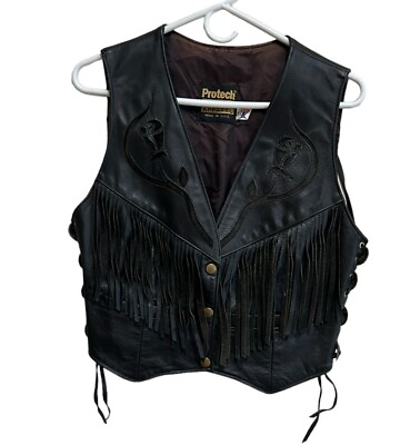 #ad Vintage Leather Motorcycle Bike Vest Black Rose Fringe Women’s Size 12 $49.95