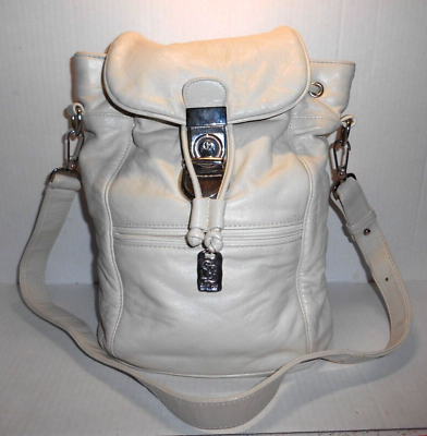 #ad SILVER BLUE U.S.A Shoulder Bag Purse Drawstring Flap Sling Backpack White Cream $30.00