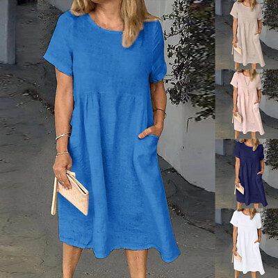 Womens Cotton Linen Short Sleeve Midi Dress Summer Casual Loose Swing Dresses US $23.65
