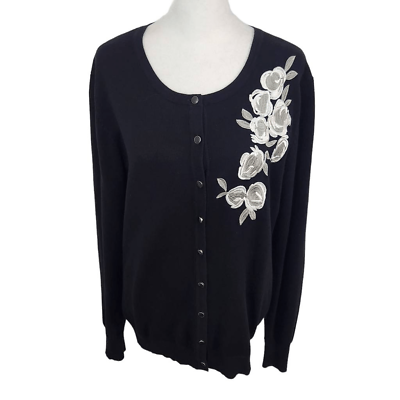 #ad Esperanza Black Cardigan with Embroidered Floral Detail Size Large $19.95