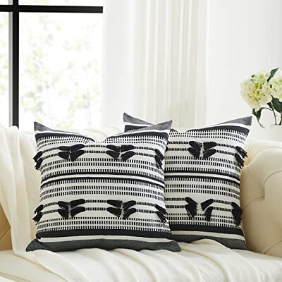 #ad Set of 2 Throw Cushion Covers for Sofa 18x18 Black Cotton Decorative Cushion ... $20.76